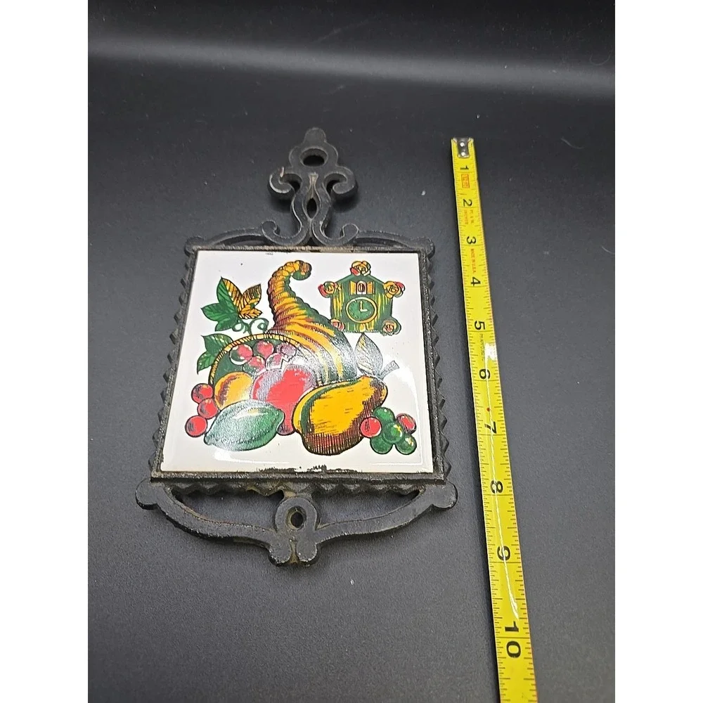 Vintage Mid Century Art Tile Footed Trivet Cornucopia Cuckoo Japan Cast Iron